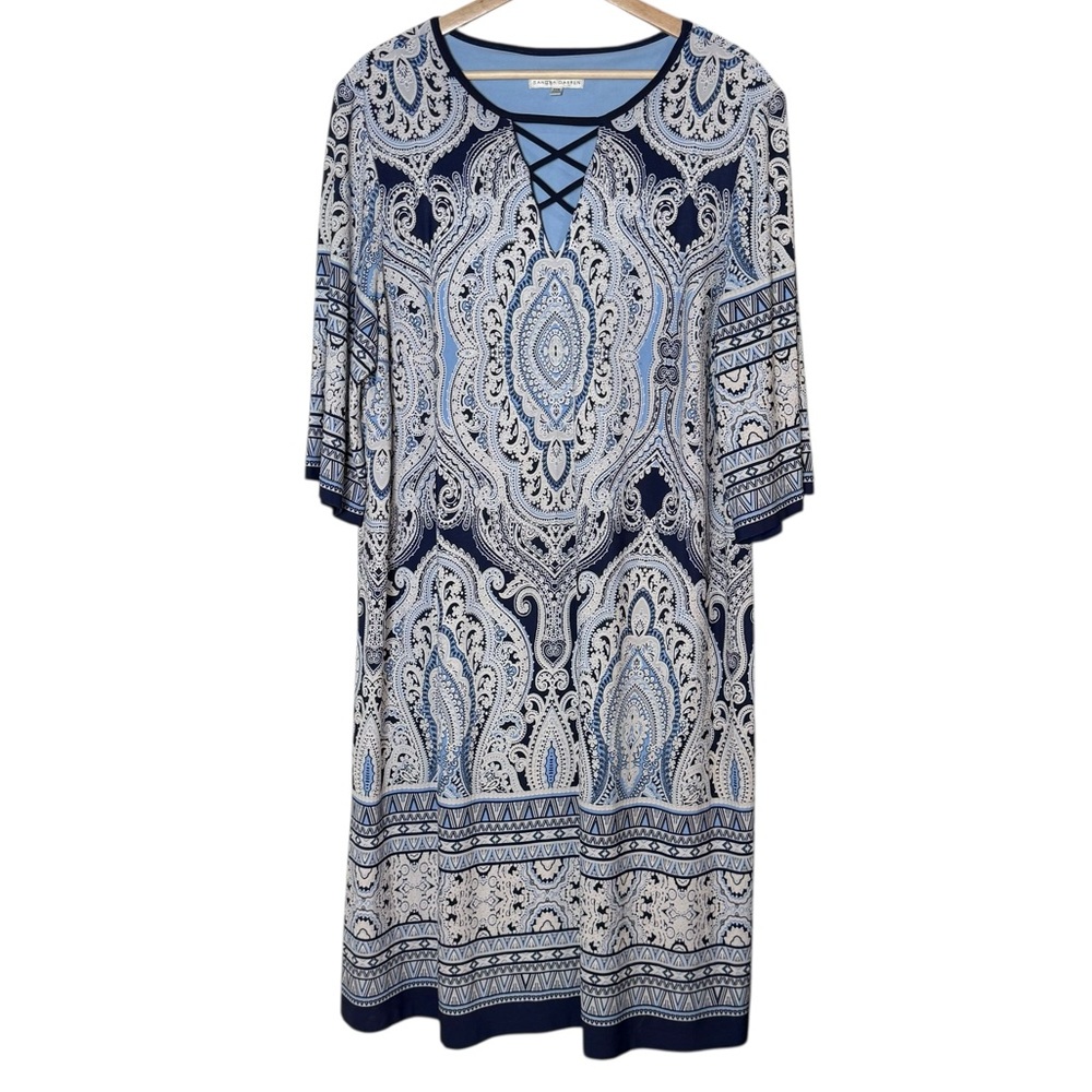 Sandra Darren Textured Stretch Knit Mandala Paisley Midi Dress Size 20W Blue